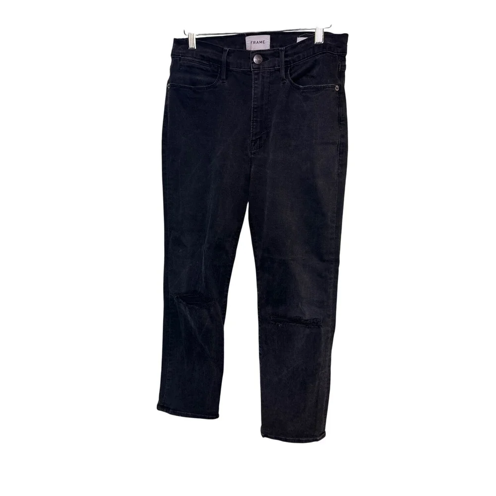 FRAME Le High Straight Maverick Rips Black Distressed‎ Jeans Womens Size 30